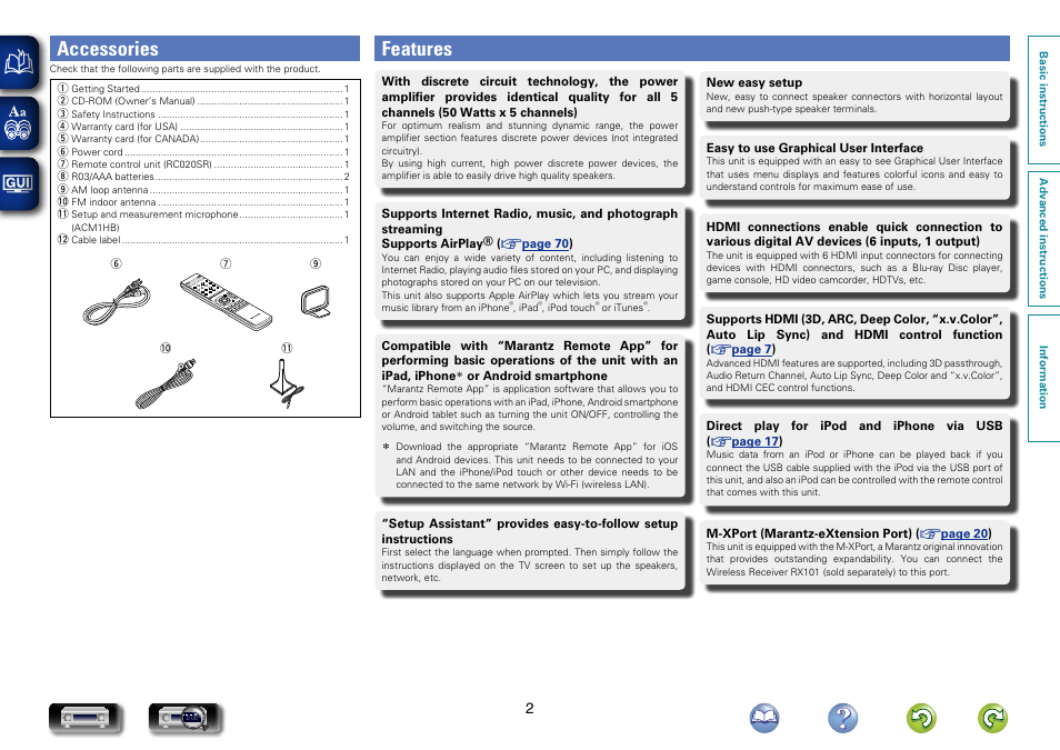 Accessories, Features | Marantz NR1504 User Manual | Page 5 / 146