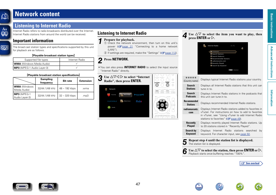 Network content, Listening to internet radio, Important information | Marantz NR1504 User Manual | Page 50 / 146
