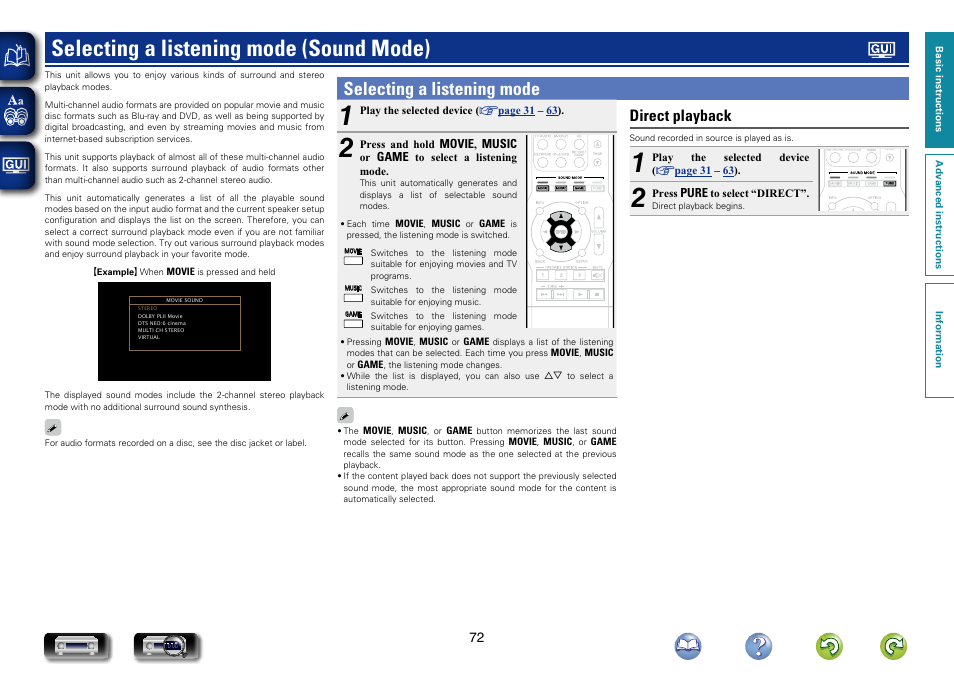Selecting a listening mode (sound mode), Selecting a listening mode, Direct playback | Marantz NR1504 User Manual | Page 75 / 146