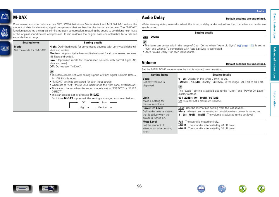 Is “0 – 98, Is “–79.5db, Make this setting at “m-dax | In the menu, M-dax, Audio delay, Volume | Marantz NR1504 User Manual | Page 99 / 146