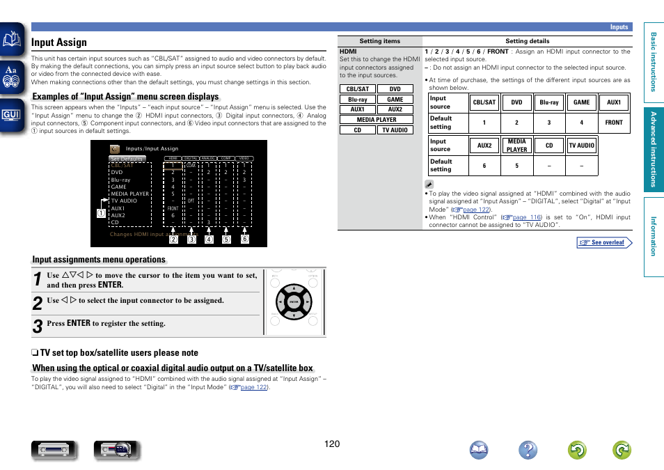 Connectors, Hdmi connector to “tv audio” at “input assign, Input assign” – “hdmi | Setting, Can be set when “hdmi”, “comp” or “video, Input assign, Examples of “input assign” menu screen displays, Input assignments menu operations | Marantz NR1604 User Manual | Page 123 / 168