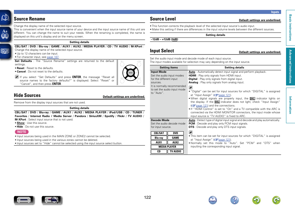 Source rename, Hide sources, Source level | Input select, Mode | Marantz NR1604 User Manual | Page 125 / 168