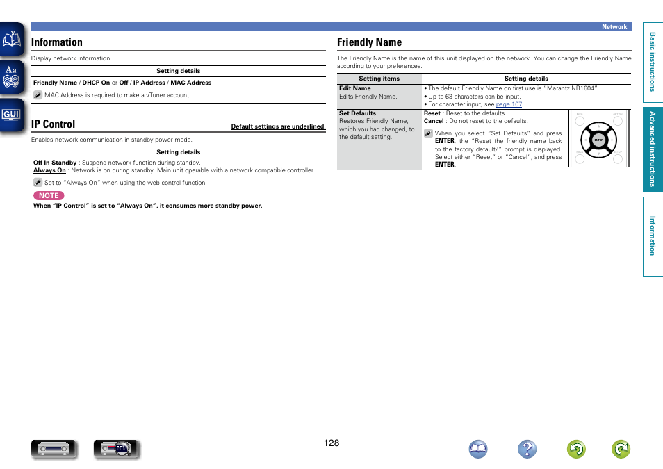 And “ip control, Is set to “off in standby”, turning, Information | Ip control, Friendly name | Marantz NR1604 User Manual | Page 131 / 168