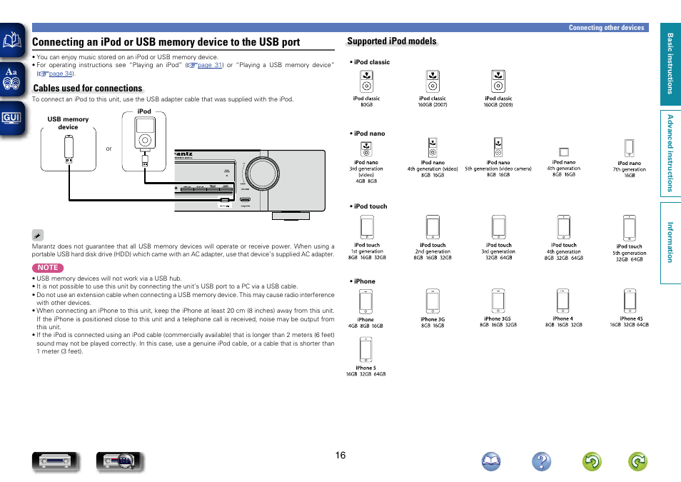 Cables used for connections, Supported ipod models | Marantz NR1604 User Manual | Page 19 / 168