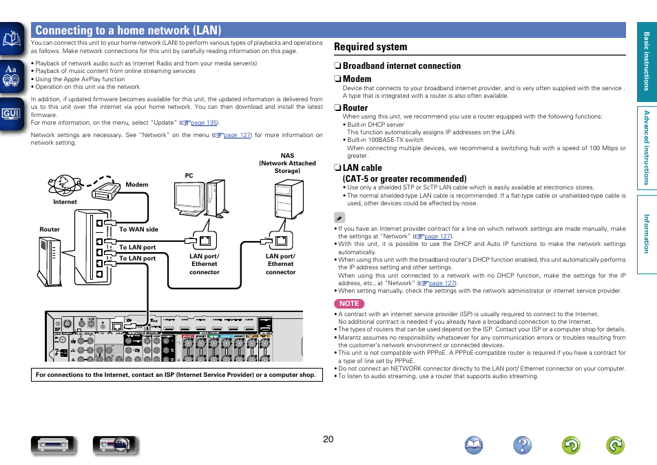 Connecting to a home network (lan), Required system | Marantz NR1604 User Manual | Page 23 / 168