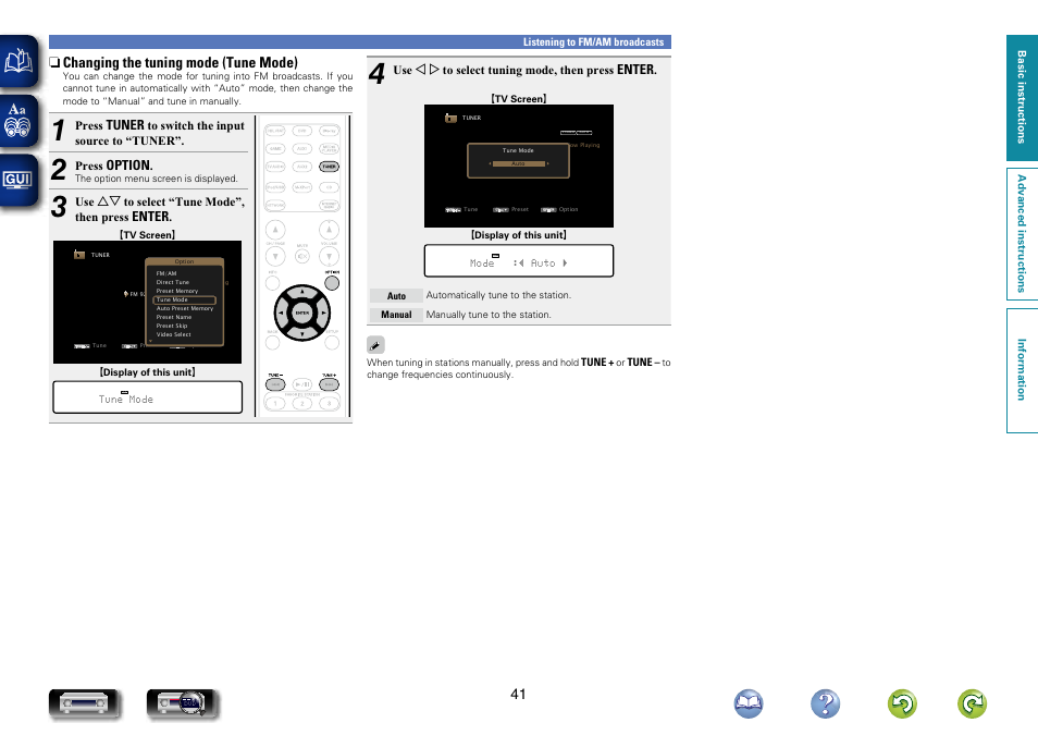 Changing the tuning mode (tune mode), N changing the tuning mode (tune mode) | Marantz NR1604 User Manual | Page 44 / 168