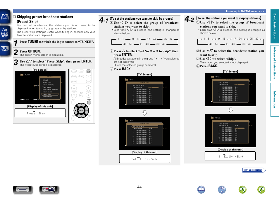 Skipping preset broadcast stations, Preset skip), N skipping preset broadcast stations (preset skip) | Tuner, Option, Enter, Back | Marantz NR1604 User Manual | Page 47 / 168