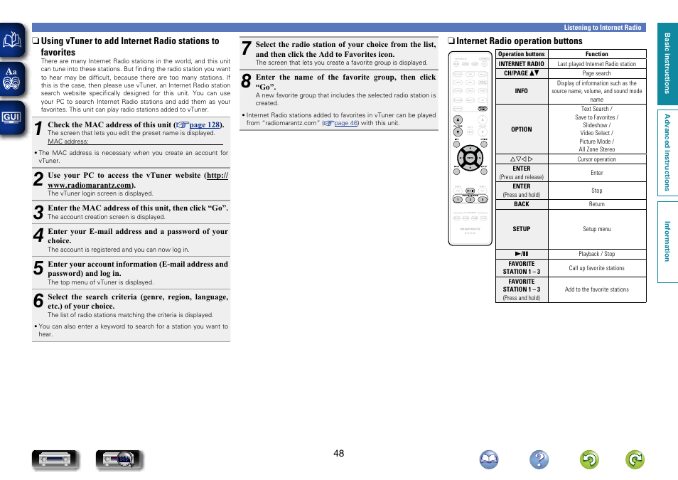 In vtuner, see “using vtuner to add internet radio, Stations to favorites | Marantz NR1604 User Manual | Page 51 / 168