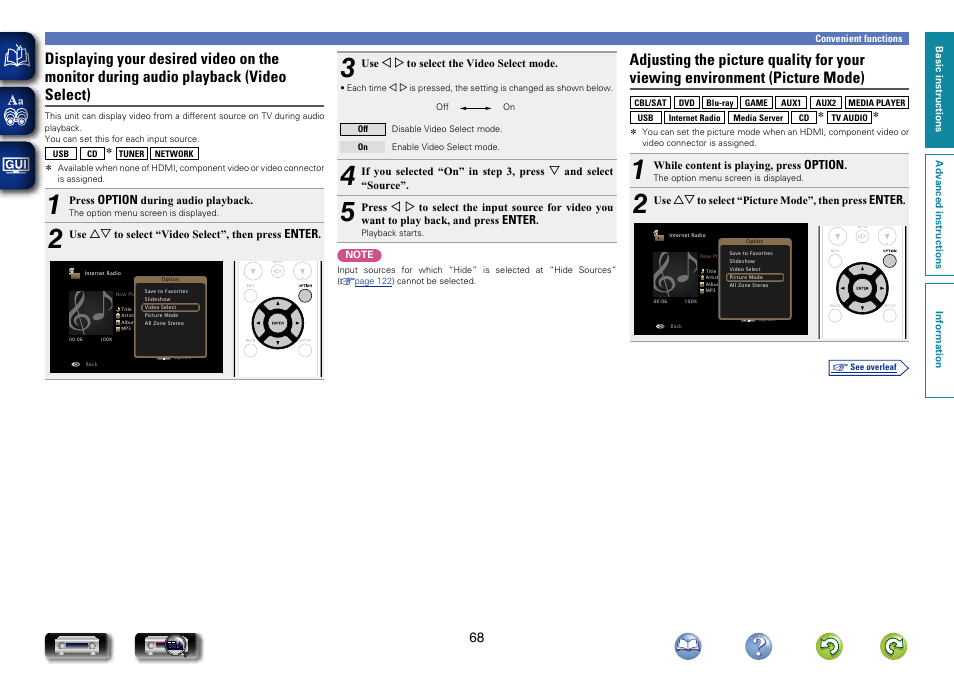 Audio playback (video select), Adjusting the picture quality for your viewing, Environment (picture mode) | Marantz NR1604 User Manual | Page 71 / 168