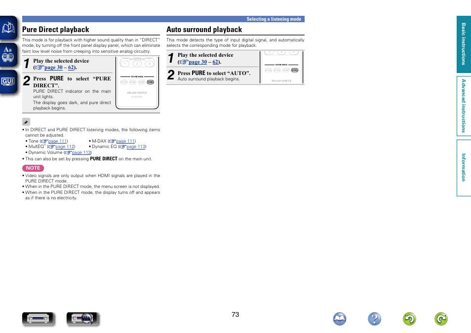 Pure direct playback, Auto surround playback | Marantz NR1604 User Manual | Page 76 / 168