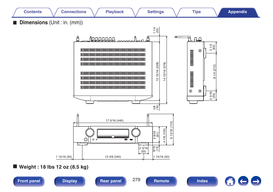 Dimensions (unit : in. (mm)) | Marantz NR1606 User Manual | Page 279 / 291