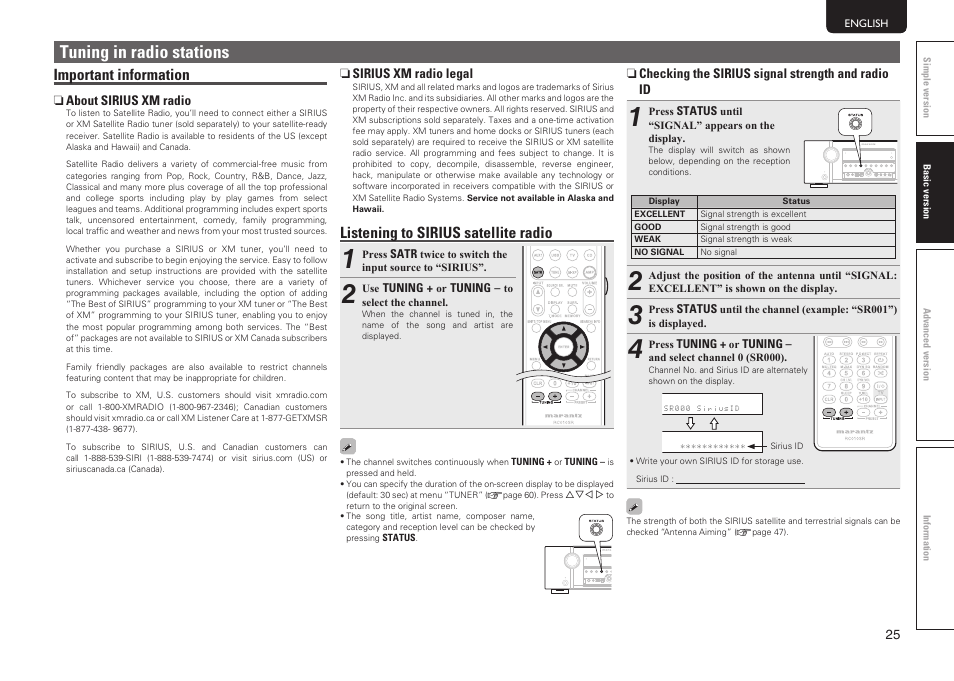 Tuning in radio stations, Important information, Listening to sirius satellite radio | Marantz SR5005 User Manual | Page 28 / 91