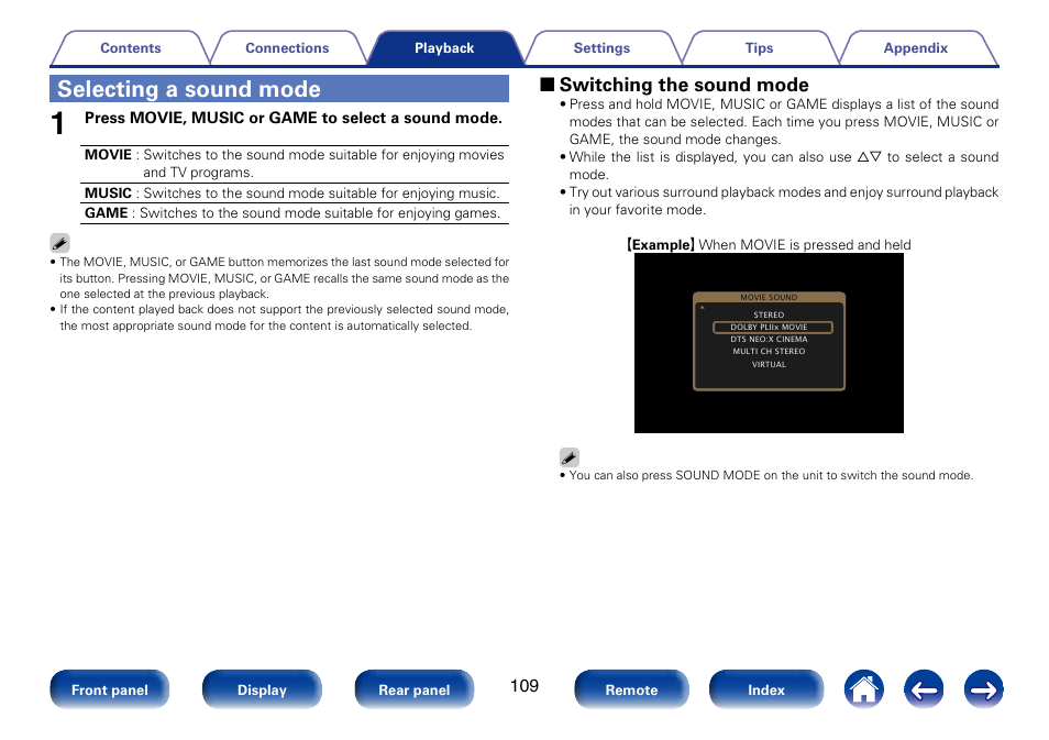 Selecting a sound mode, 2 switching the sound mode | Marantz SR6008 User Manual | Page 109 / 247