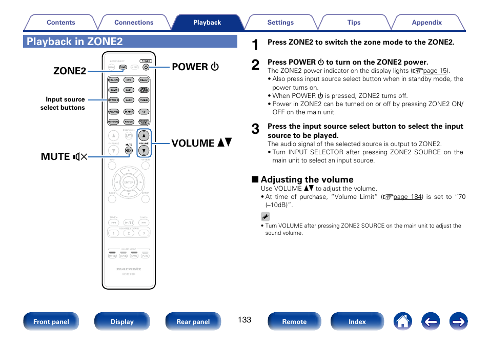 Playback in zone2, Zone2 mute power volume x df | Marantz SR6008 User Manual | Page 133 / 247