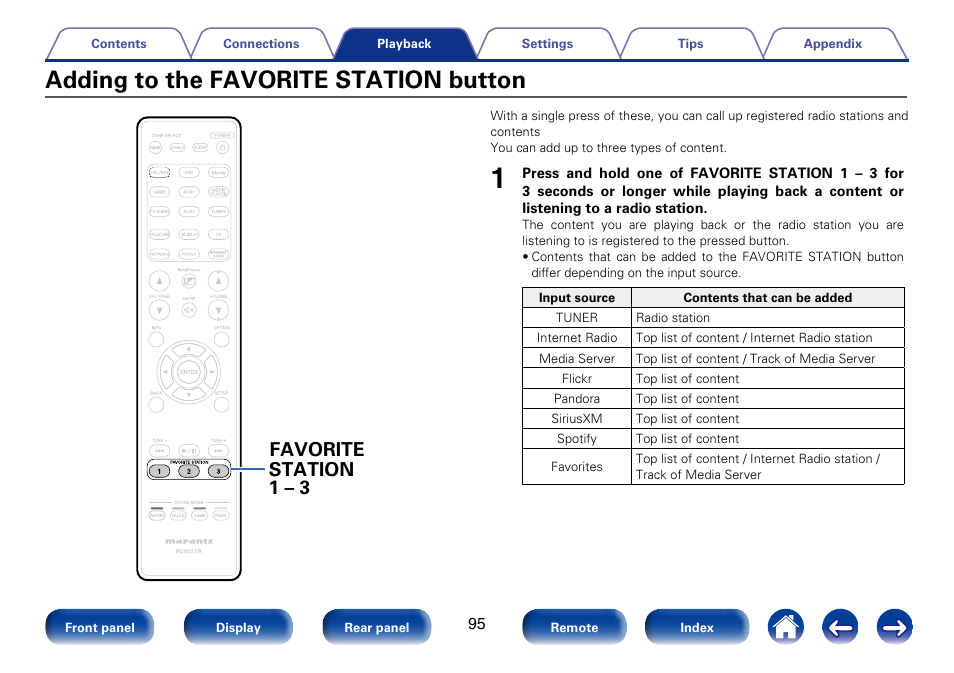 Adding to the favorite station button, Favorite 1 – 3 station | Marantz SR6008 User Manual | Page 95 / 247
