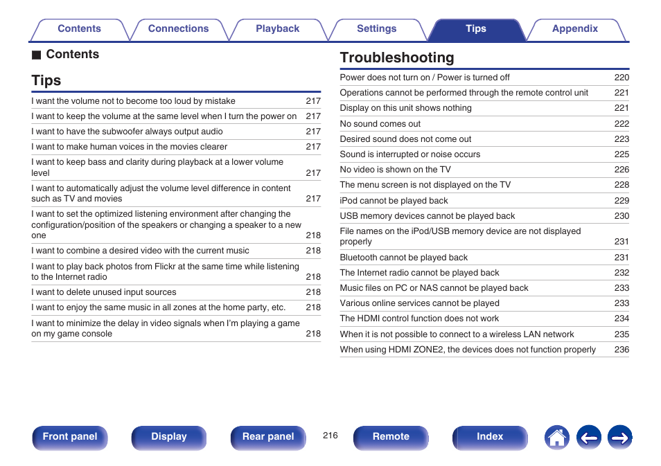 Tips, Troubleshooting, O contents | Marantz SR6009 User Manual | Page 216 / 282