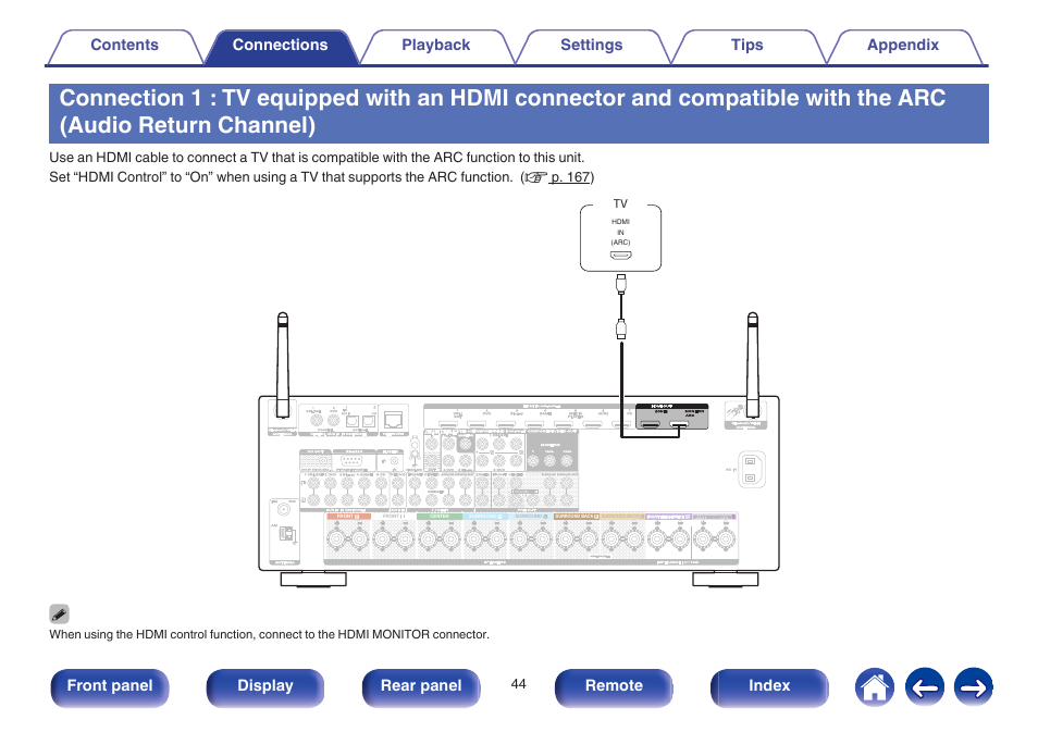 Compatible with the arc (audio return channel), V p. 44, Connection 1 : tv equipped with an hdmi | Connector and compatible with the arc (audio, Return channel)” ( v p. 44) | Marantz SR6009 User Manual | Page 44 / 282