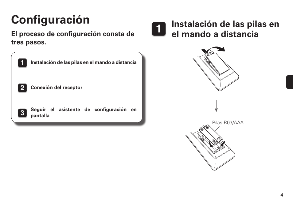 Configuración, Instalación de las pilas en el mando a distancia | Marantz SR6009 Quick Start User Manual | Page 5 / 12
