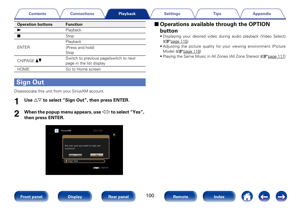 Sign out, 2 operations available through the option button | Marantz SR7008 User Manual | Page 100 / 286