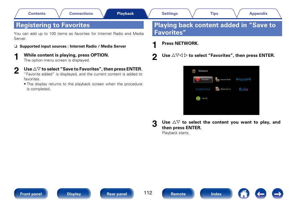 Registering to favorites, Playing back content added in “save to favorites | Marantz SR7008 User Manual | Page 112 / 286