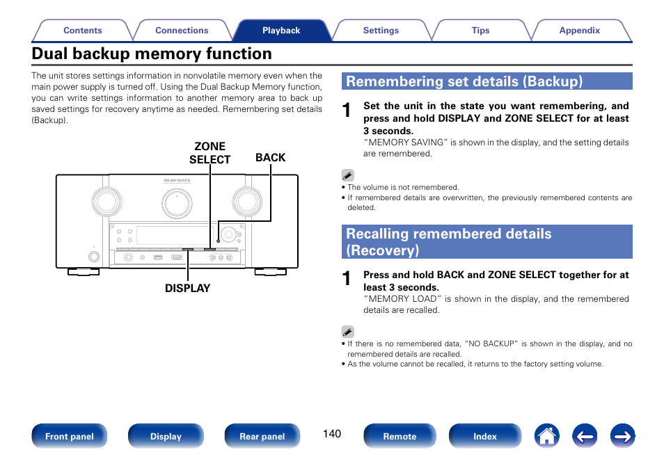 Dual backup memory function, Remembering set details (backup), Recalling remembered details (recovery) | Marantz SR7008 User Manual | Page 140 / 286