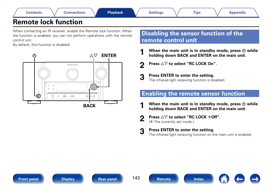 Remote lock function, Enabling the remote sensor function, Lock function”) | Marantz SR7008 User Manual | Page 143 / 286