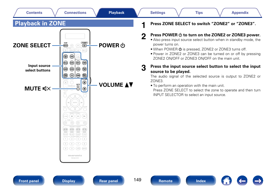 Playback in zone, Power volume df mute zone select x | Marantz SR7008 User Manual | Page 149 / 286