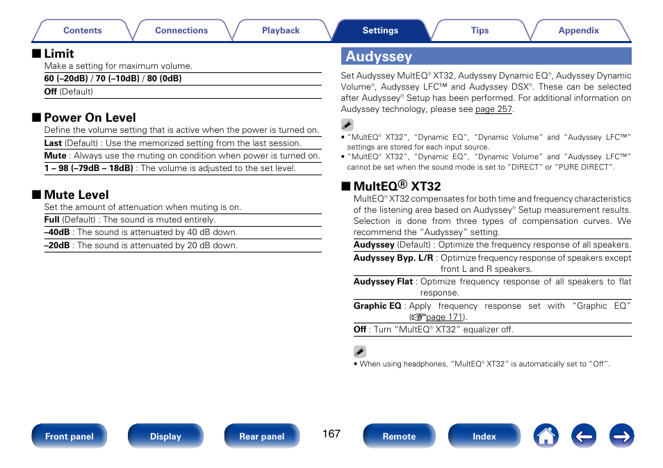 Audyssey, 2 limit, 2 power on level | 2 mute level, 2 multeq® xt32 | Marantz SR7008 User Manual | Page 167 / 286