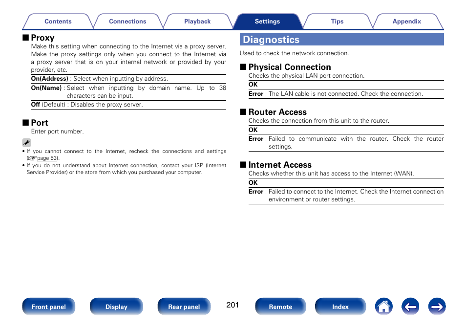Diagnostics, 2 proxy, 2 port | 2 physical connection, 2 router access, 2 internet access | Marantz SR7008 User Manual | Page 201 / 286
