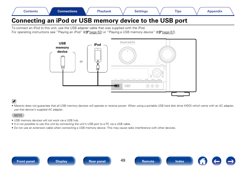 Connecting an ipod or usb memory device, To the usb port, Connecting an ipod or usb memory device to the usb | Marantz SR7008 User Manual | Page 49 / 286