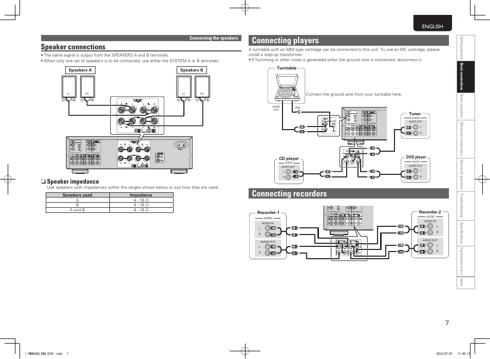 Connecting recorders, Connecting players, Speaker connections | N speaker impedance, English | Marantz PM8004 User Manual | Page 10 / 17