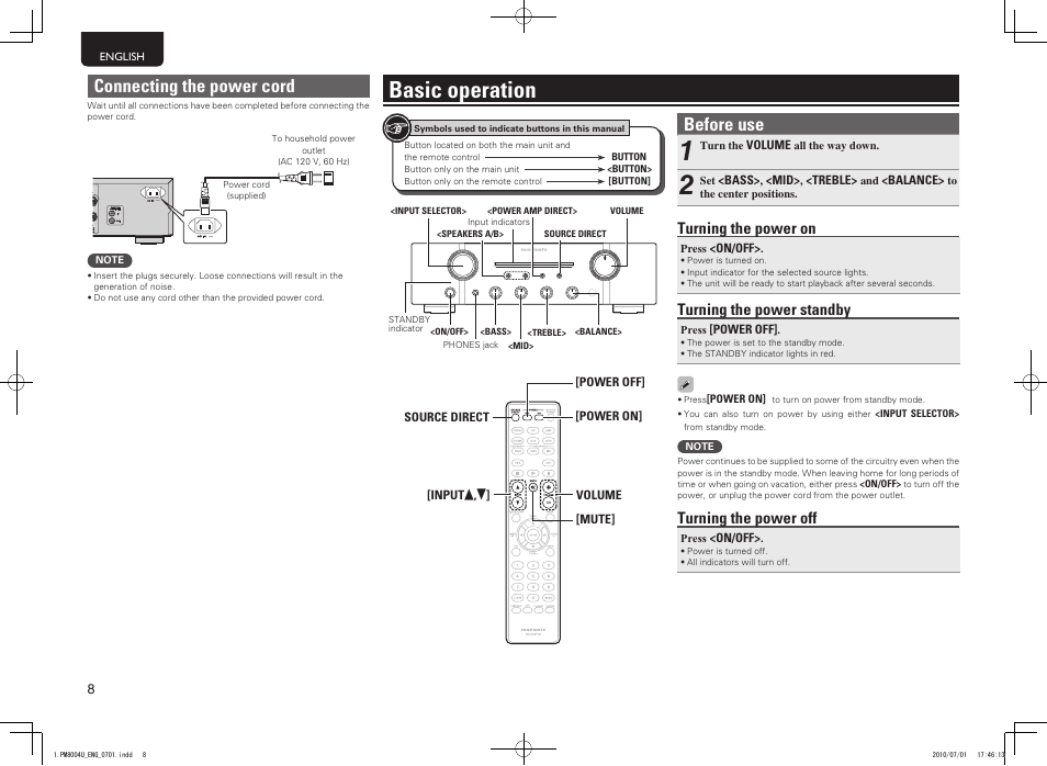 Basic operation, Connecting the power cord, Before use | Turning the power on, Turning the power standby, Turning the power off | Marantz PM8004 User Manual | Page 11 / 17