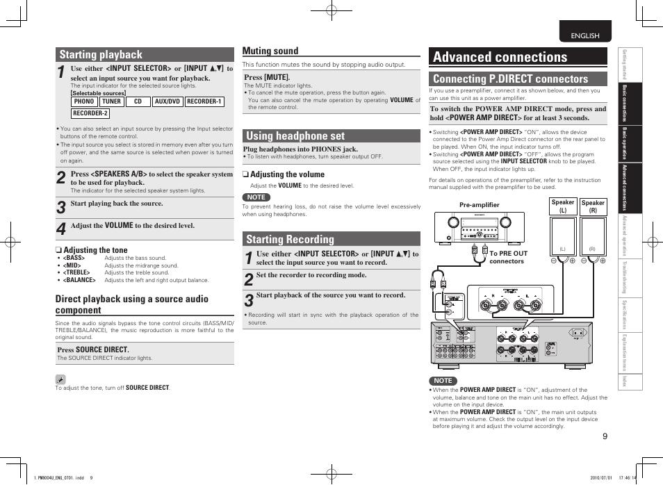 Advanced connections, Using headphone set, Starting recording | Starting playback, Connecting p.direct connectors, Direct playback using a source audio component, Muting sound | Marantz PM8004 User Manual | Page 12 / 17