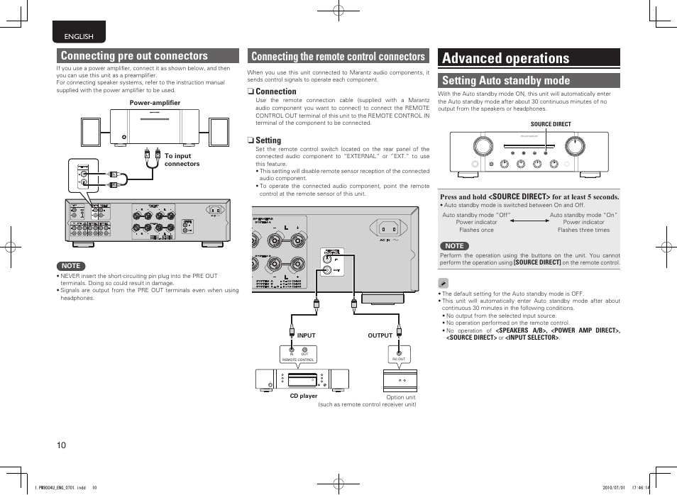 Advanced operations, Connecting the remote control connectors, Setting auto standby mode | Connecting pre out connectors | Marantz PM8004 User Manual | Page 13 / 17