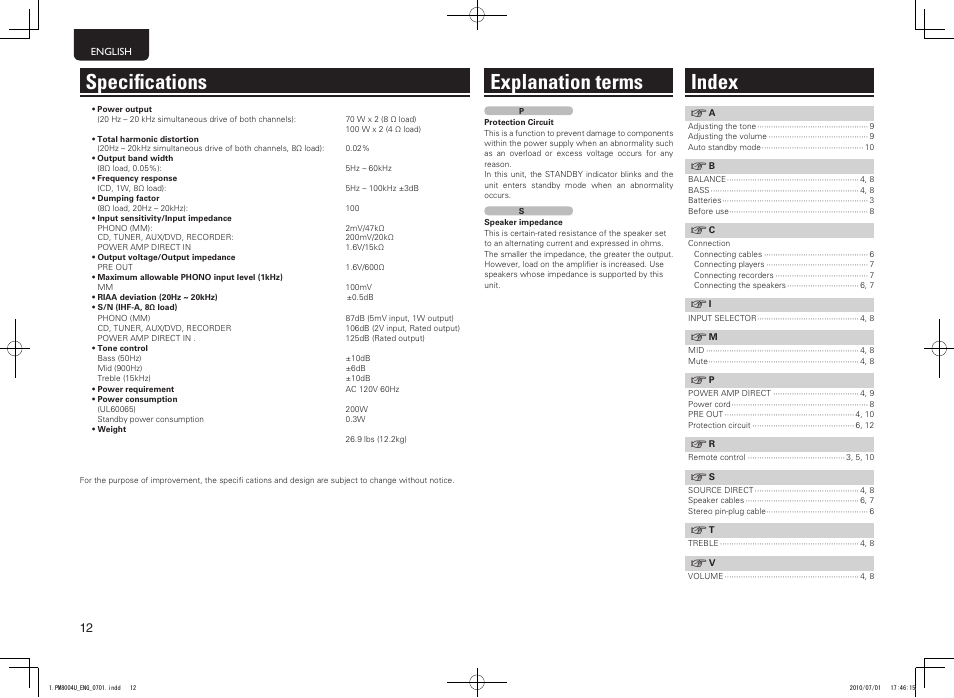 Specifications index, Explanation terms | Marantz PM8004 User Manual | Page 15 / 17