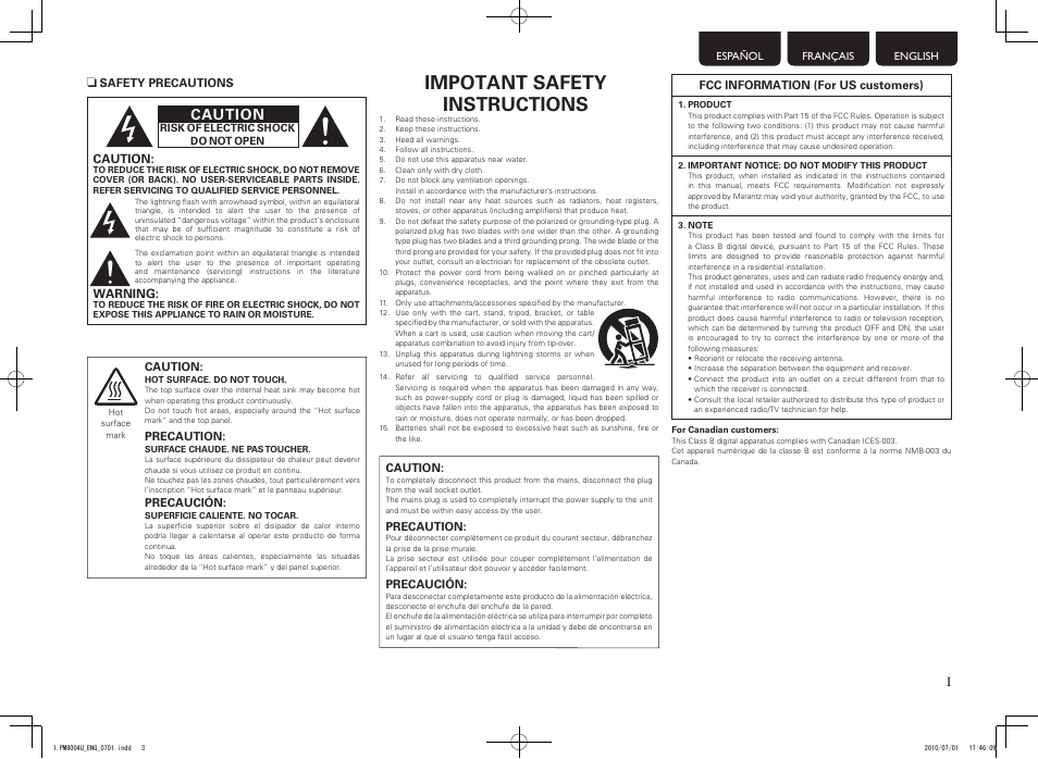 Impotant safety instructions, Caution | Marantz PM8004 User Manual | Page 2 / 17