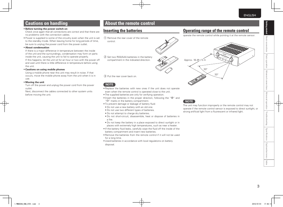 Cautions on handling, About the remote control, Inserting the batteries | Operating range of the remote control | Marantz PM8004 User Manual | Page 6 / 17