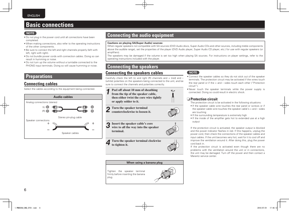 Basic connections, Preparations, Connecting the speakers | Connecting the audio equipment, Connecting cables, Connecting the speakers cables | Marantz PM8004 User Manual | Page 9 / 17