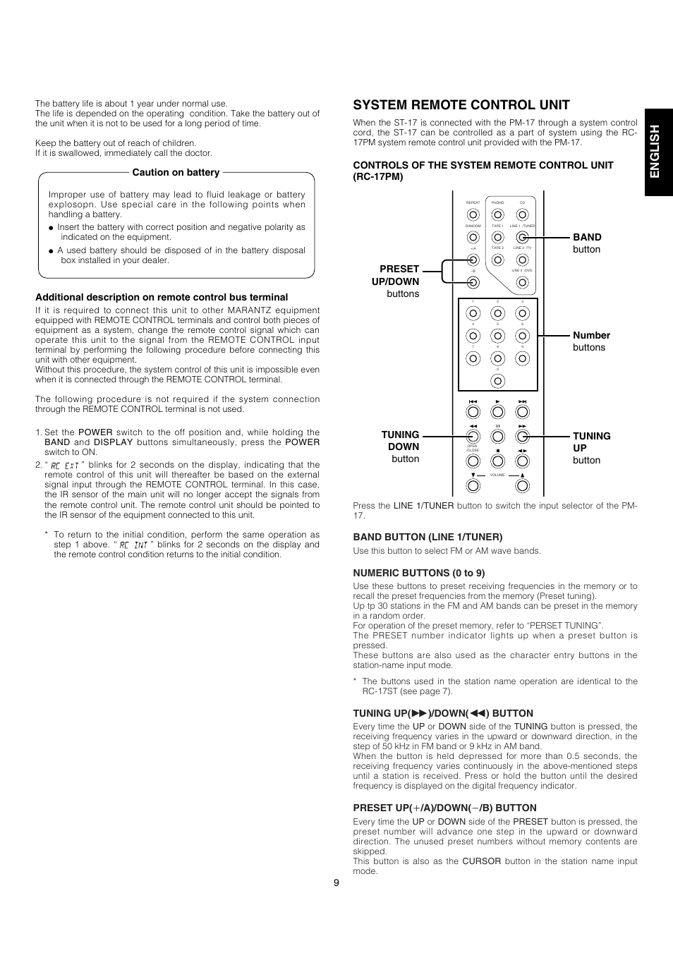 System remote control unit, English fran ç ais, Band button (line 1/tuner) | Numeric buttons (0 to 9), Tuning up( ǡǡ )/down( ǡǡ ) button, Preset up( ѿ /a)/down( ҁ /b) button | Marantz ST-17 User Manual | Page 11 / 15