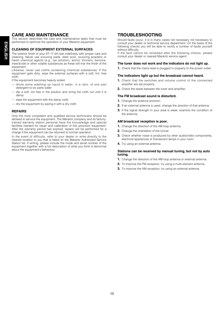 Care and maintenance, Troubleshooting, English f ran ç ais | Marantz ST-17 User Manual | Page 12 / 15