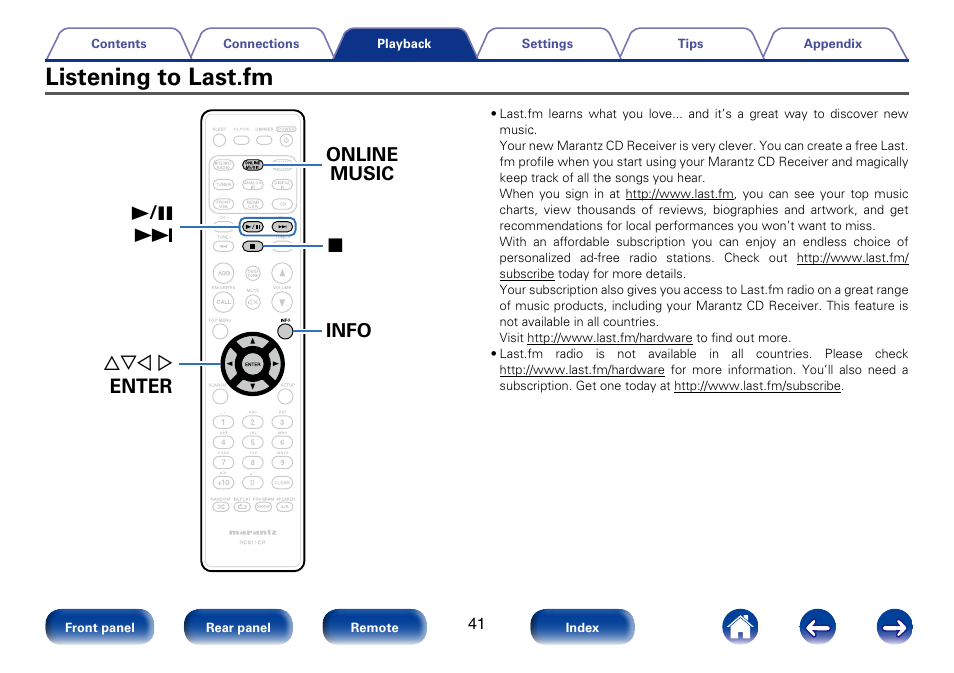 Listening to last.fm, Uio p enter online music info 2 1 / 3 9 | Marantz M-CR610 User Manual | Page 41 / 132