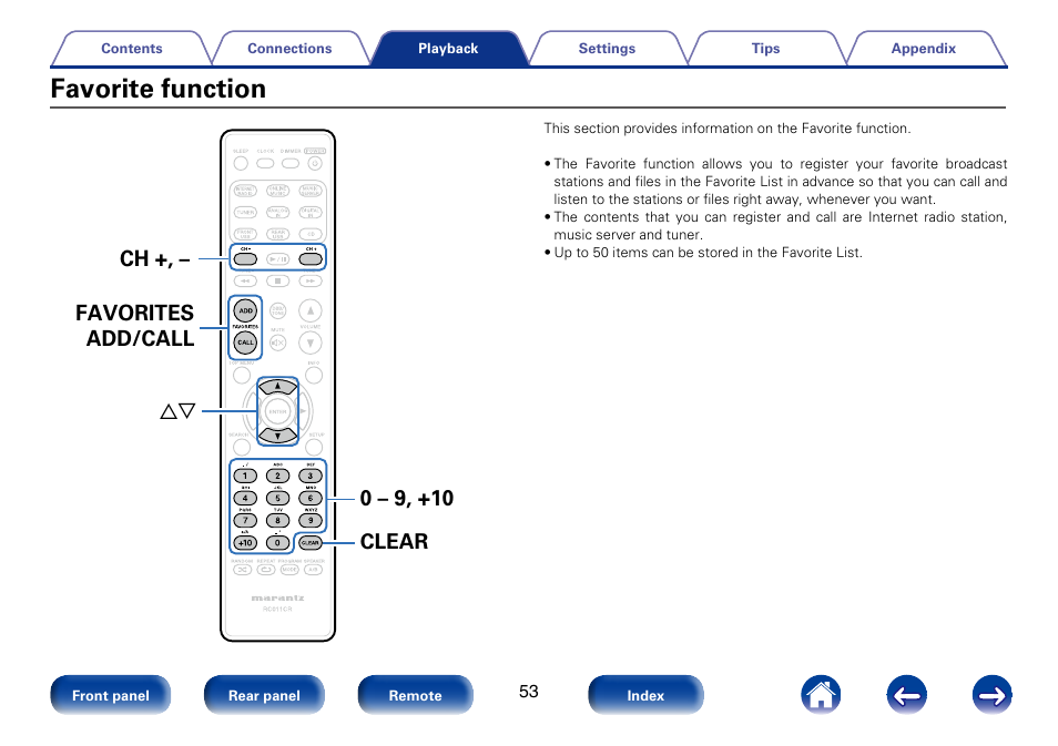 Favorite function, 0 – 9, +10 ch +, – clear favorites add/call ui | Marantz M-CR610 User Manual | Page 53 / 132