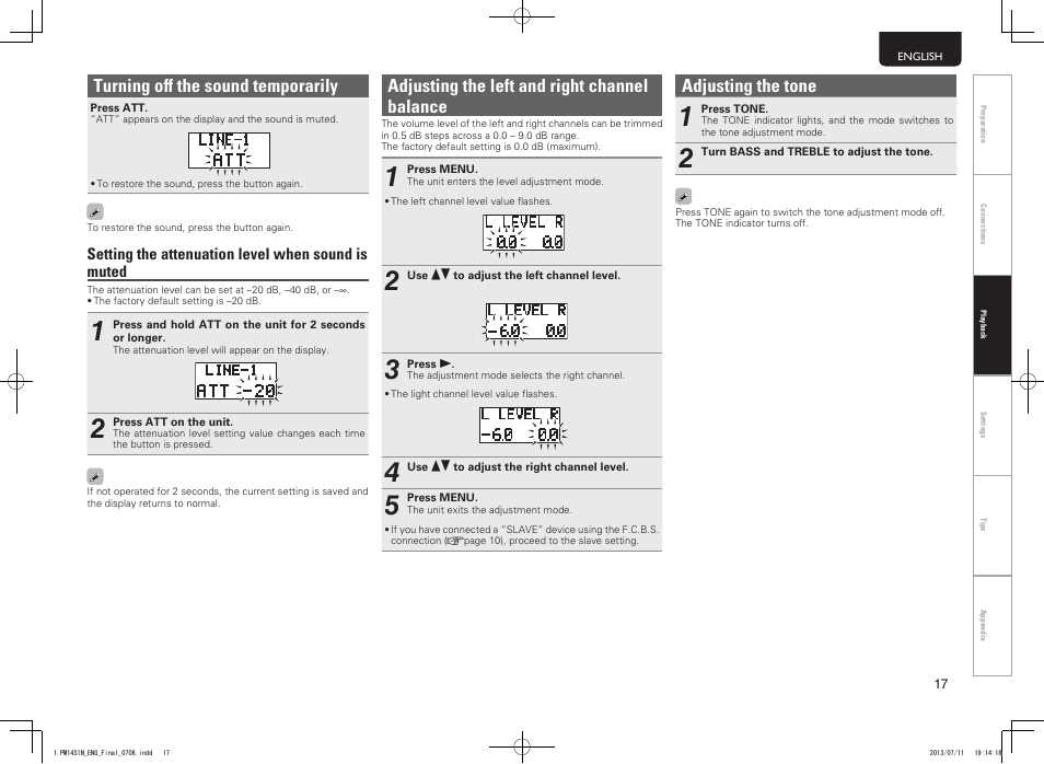 Adjusting the left and right channel balance, Adjusting the tone, Turning off the sound temporarily | Marantz PM-14S1 User Manual | Page 25 / 36
