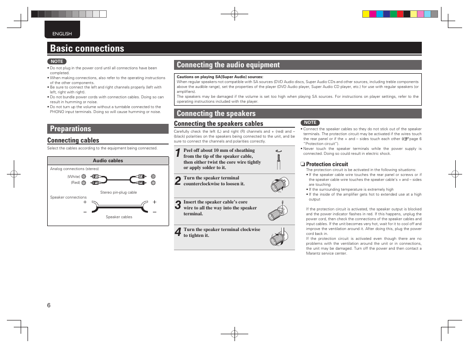 Basic connections, Preparations, Connecting the speakers | Connecting the audio equipment, Connecting cables, Connecting the speakers cables | Marantz PM5004 User Manual | Page 11 / 23