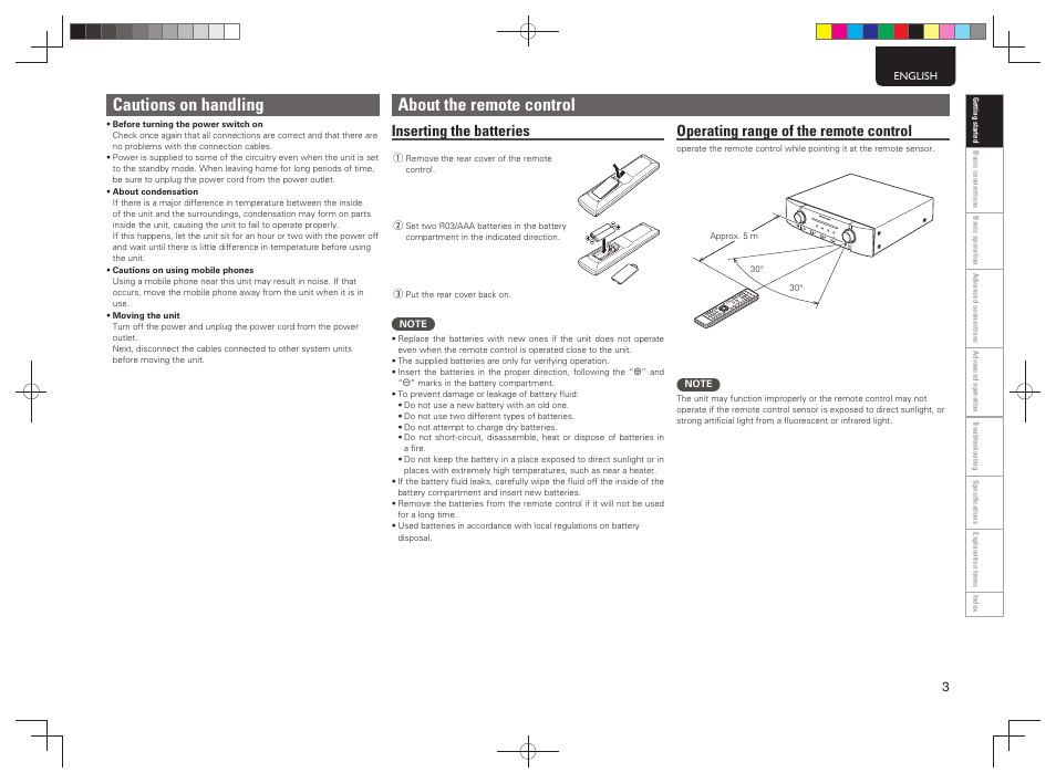 Cautions on handling, About the remote control, Inserting the batteries | Operating range of the remote control | Marantz PM5004 User Manual | Page 8 / 23