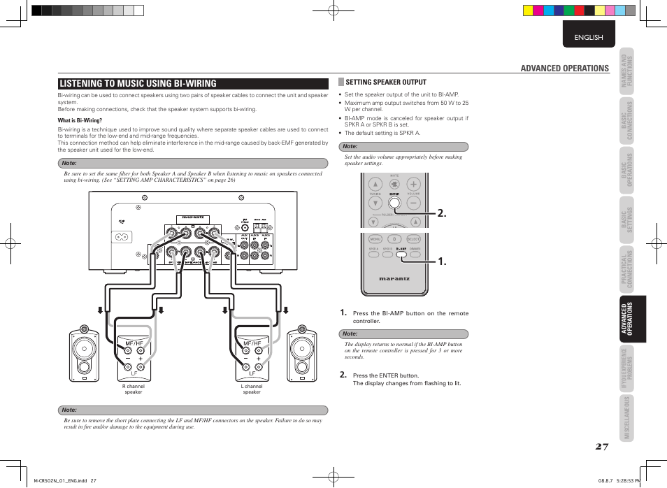 Listening to music using bi-wiring | Marantz M-CR502 User Manual | Page 31 / 39