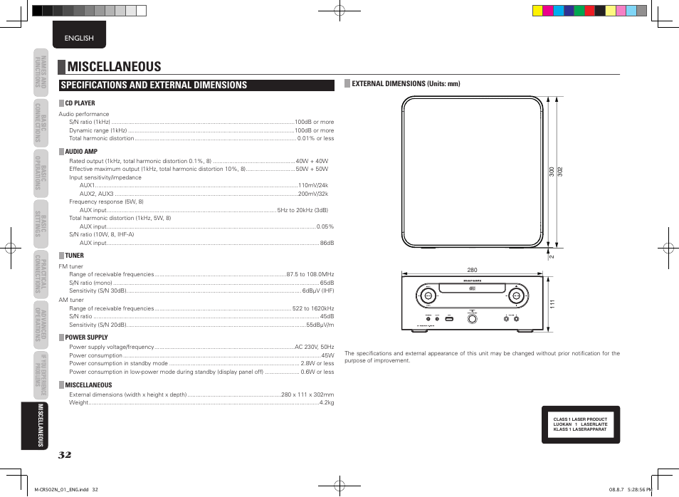 Miscellaneous, Specifications and external dimensions | Marantz M-CR502 User Manual | Page 36 / 39