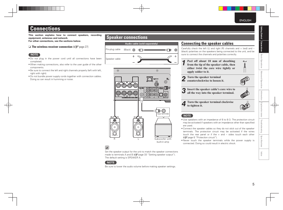 Connections, Speaker connections, Connecting the speaker cables | Marantz MCR603 User Manual | Page 11 / 56