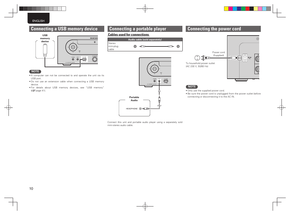 Connecting the power cord, Connecting a portable player | Marantz MCR603 User Manual | Page 16 / 56