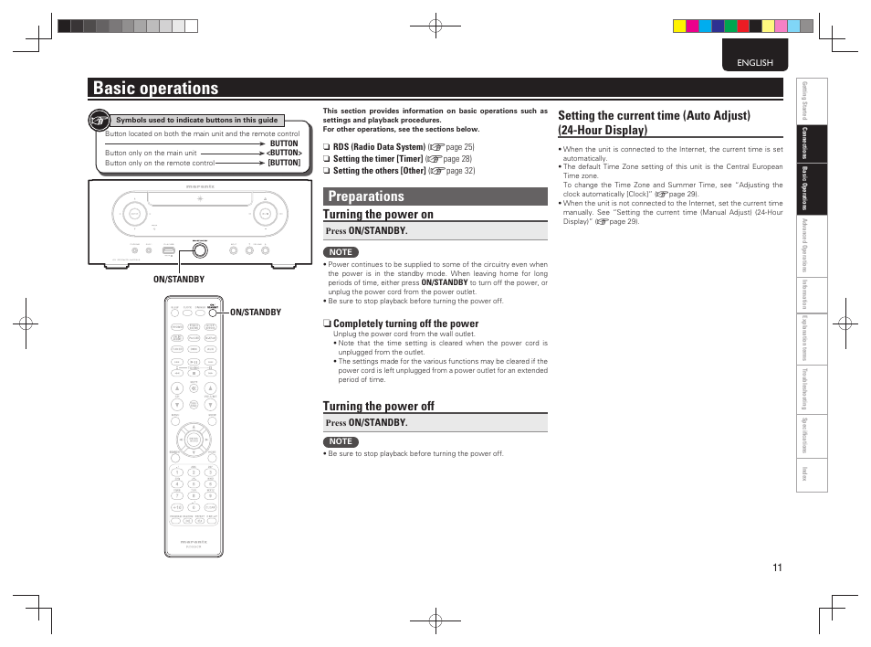 Basic operations, Preparations, Turning the power on | Turning the power off | Marantz MCR603 User Manual | Page 17 / 56